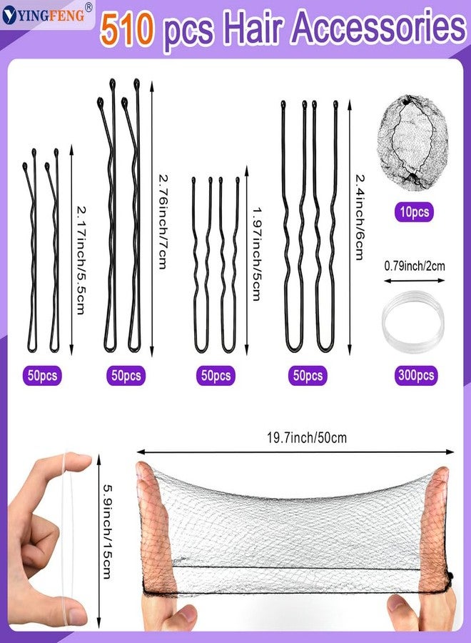 YINGFENG 510PCS Black Bobby Pins Hair Pins Kit with Hair Net, YINGFENG Includes 100 Bobby Pins for Women, 100 U-Shaped Buns Hair Clips, 300 Hair Bands and 10 Black Hair Nets, Dance competition must haves - Image 3